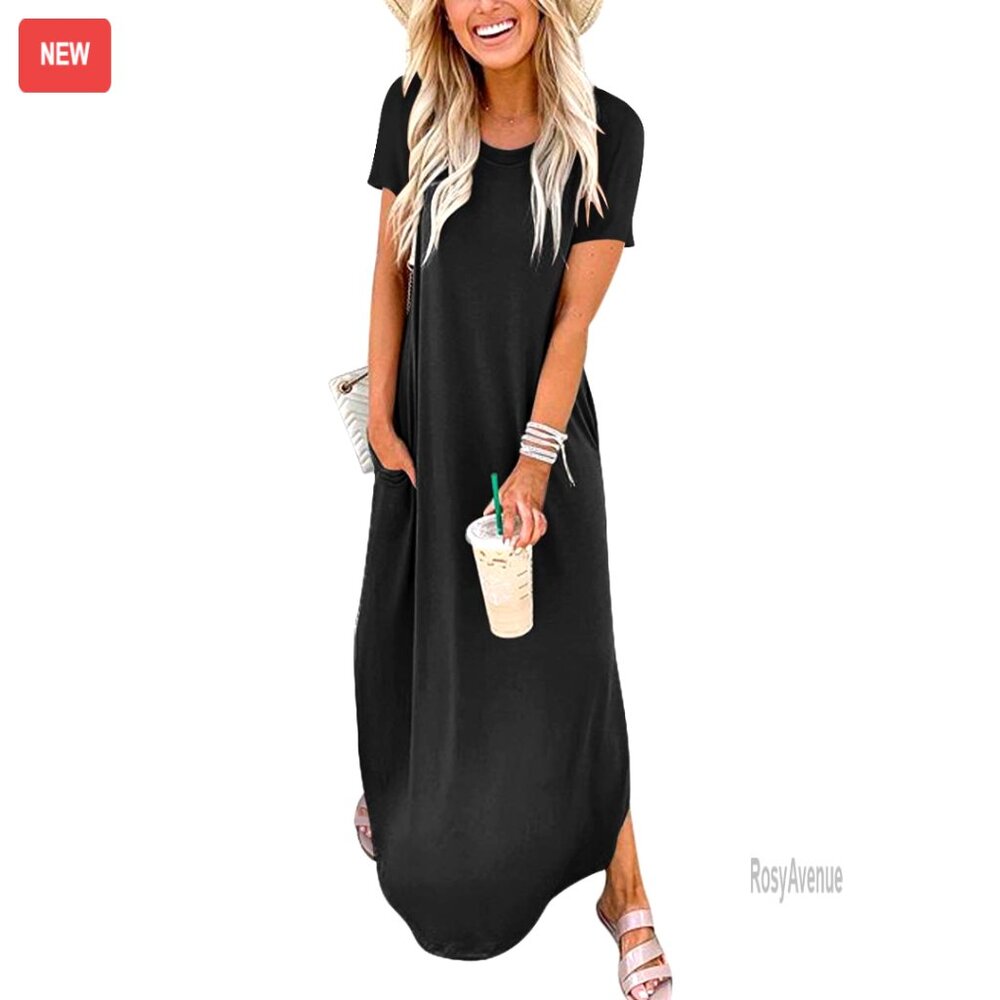 Loose Fit Maxi Dress Short Sleeve Casual Beach Vacation Sundress